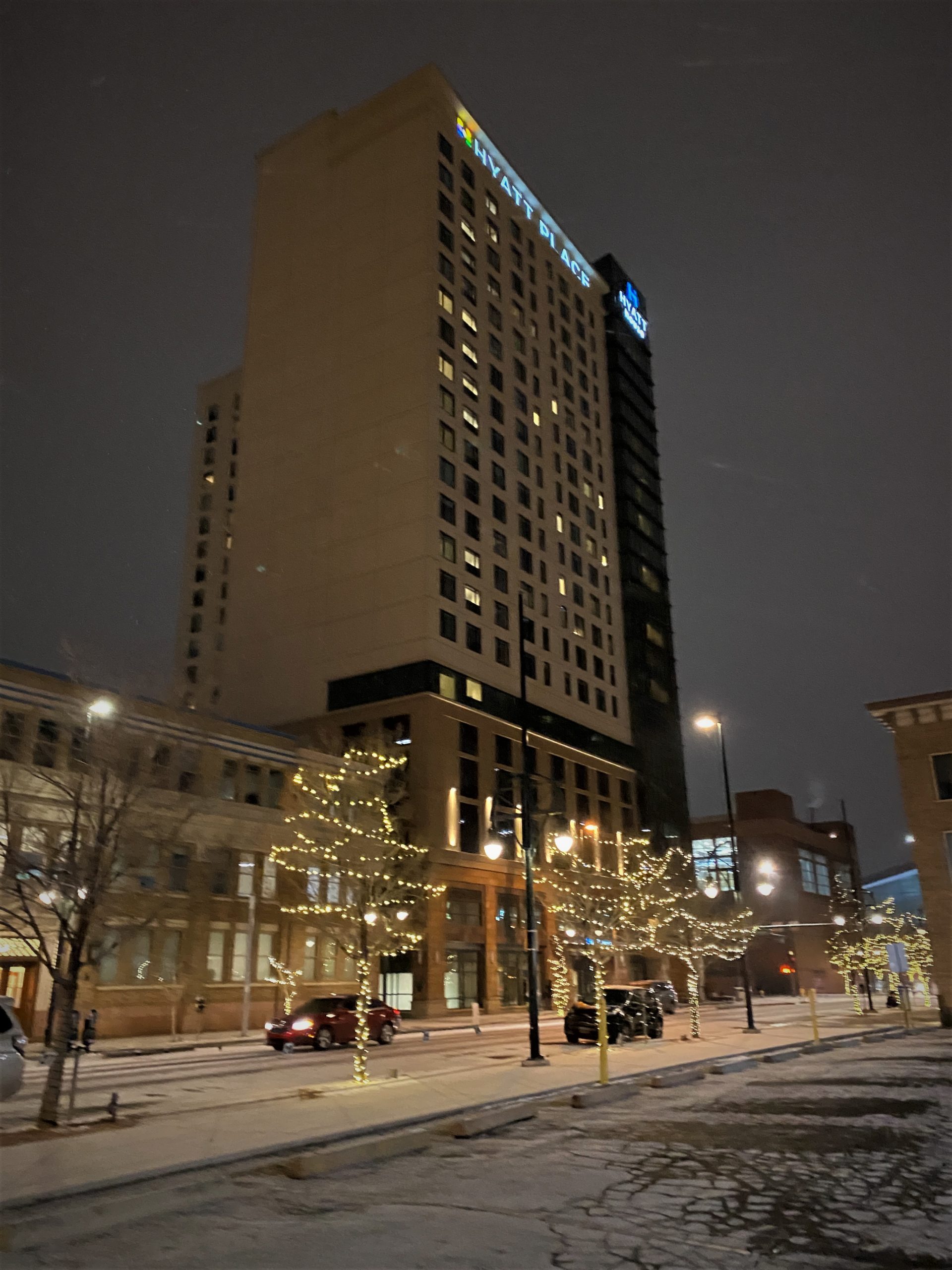 Skyrise Hotel on a Dark Snowy Night