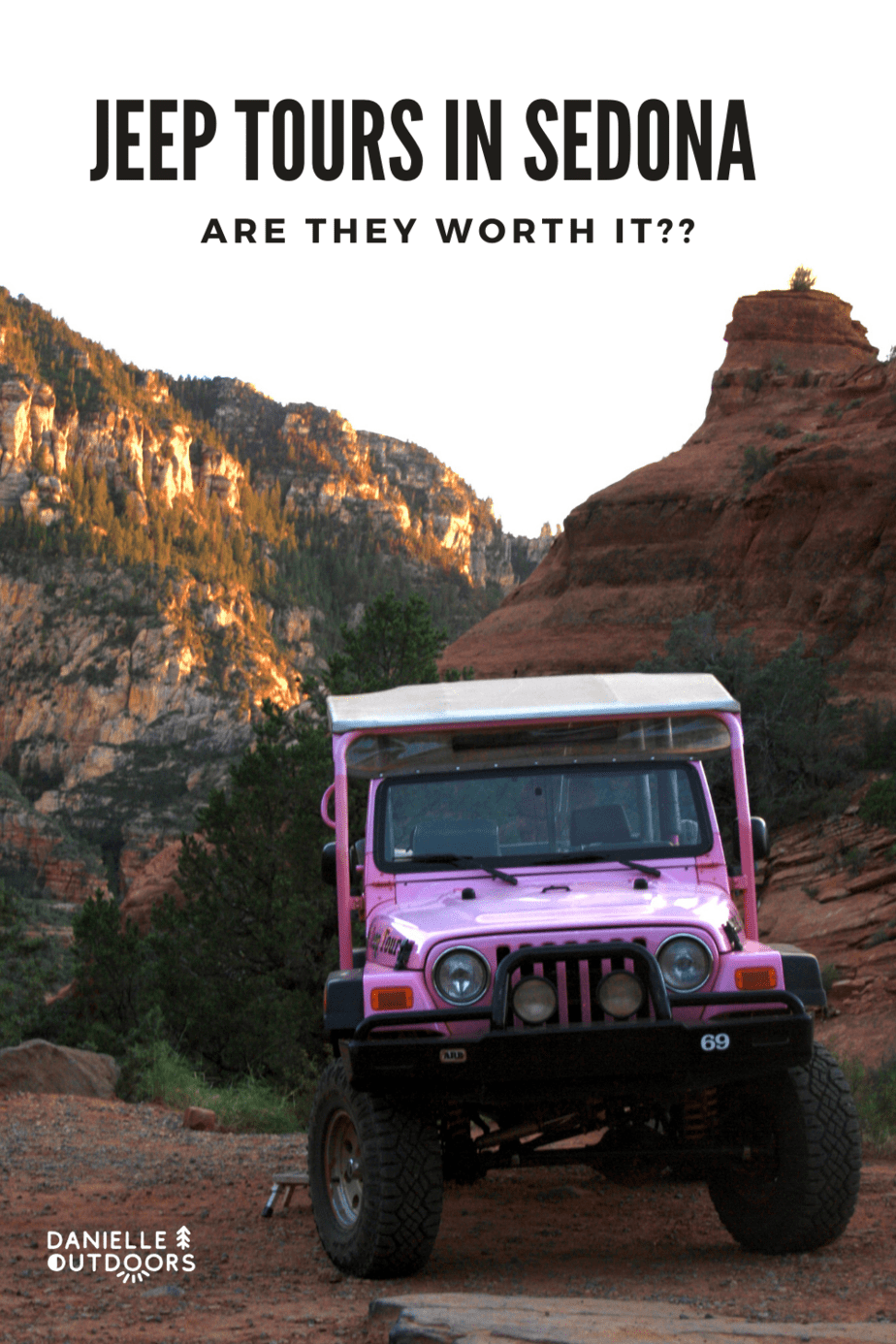 Pink Jeep in Sedona with Black Text Title