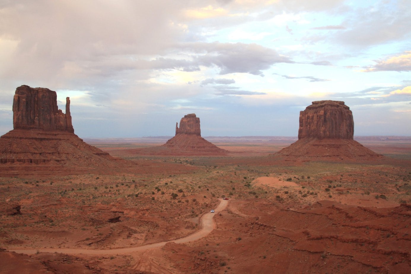 Three Large Rock Structures with a Road Between them on a Cloudy Day