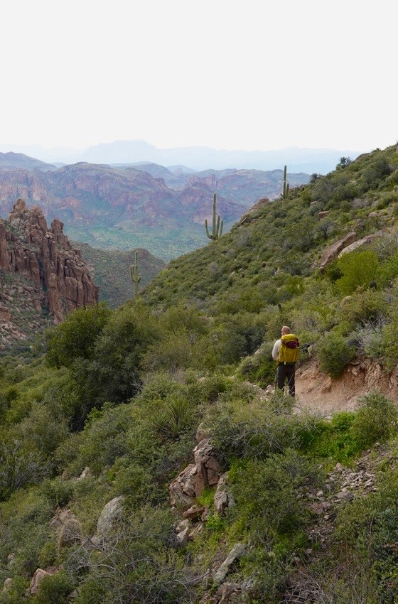 Man in Yellow Backpack on a Trail in a Canyon in the Desert