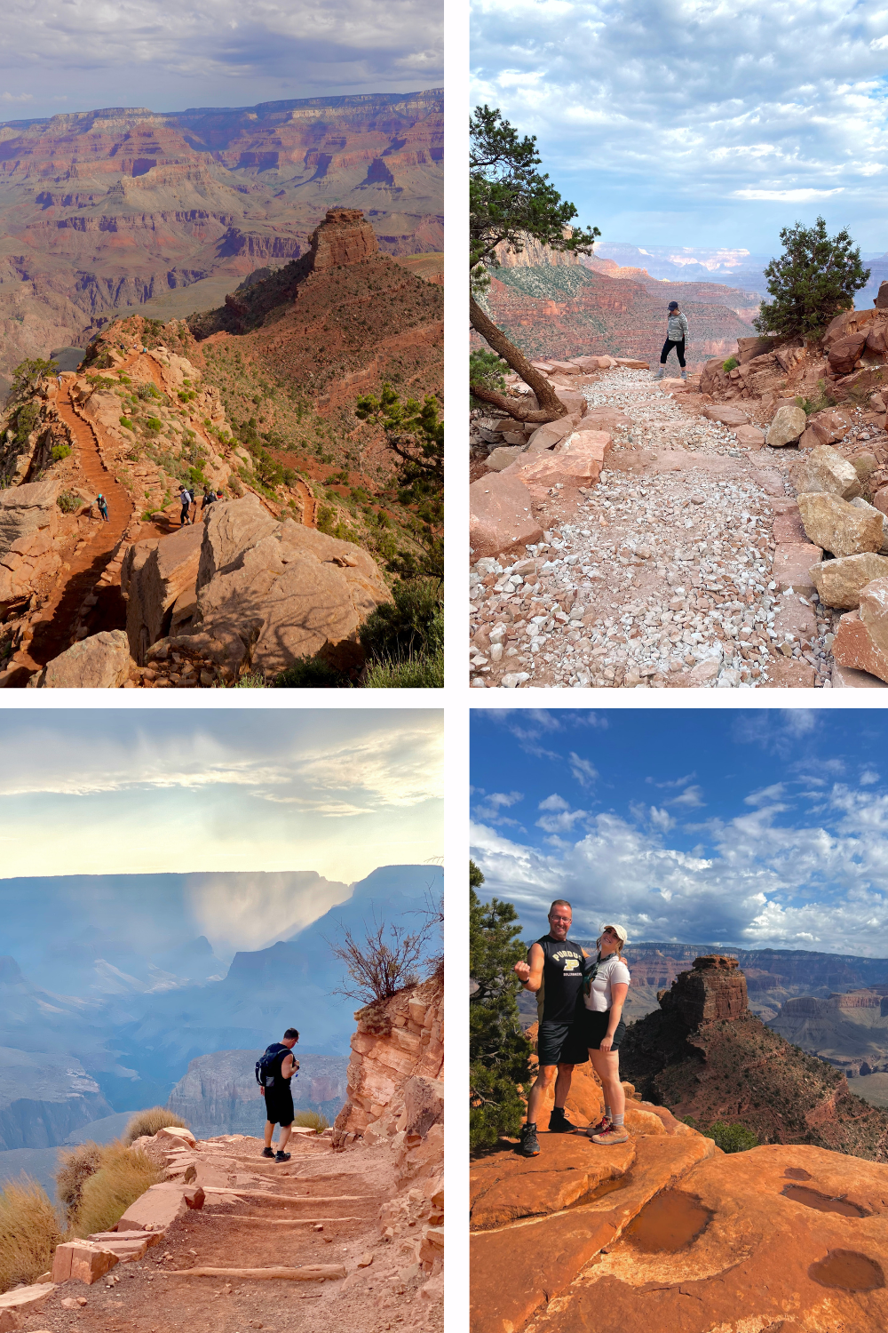 multiple photos on a trail that is orange and there are large rocks in the background