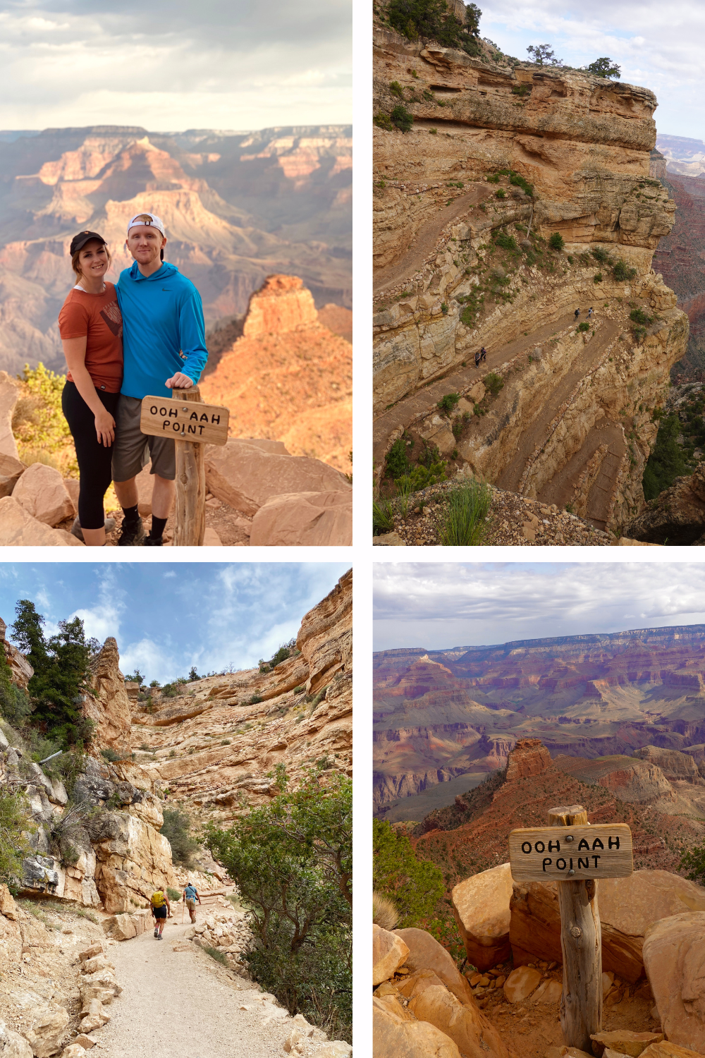 multiple photos with switchbacks and people standing by a sign saying ooh aah point