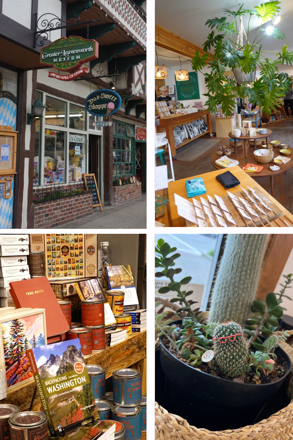 multiple photos of cute shops in downtown leavenworth