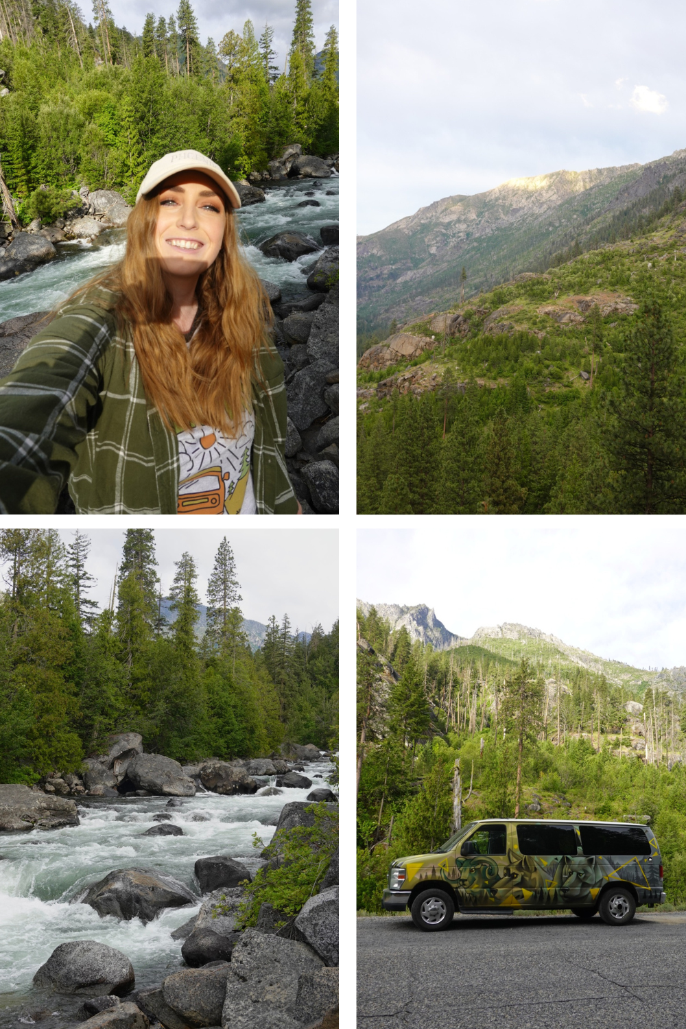 multiple photos of a girl in a cabin in the woods smiling