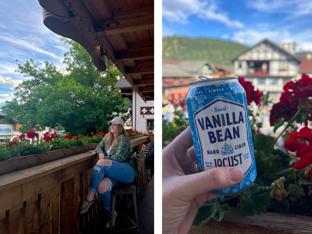 girl drinking cider at rein haus in leavenworth