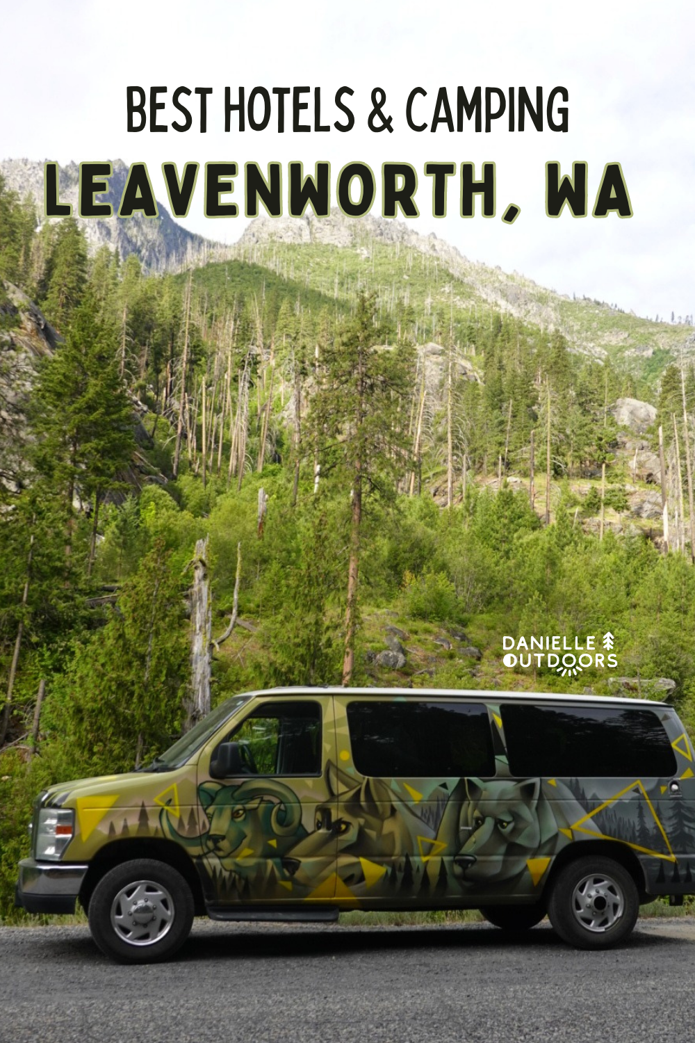 photo of a van with a title saying best hotels and camping in leavenworth