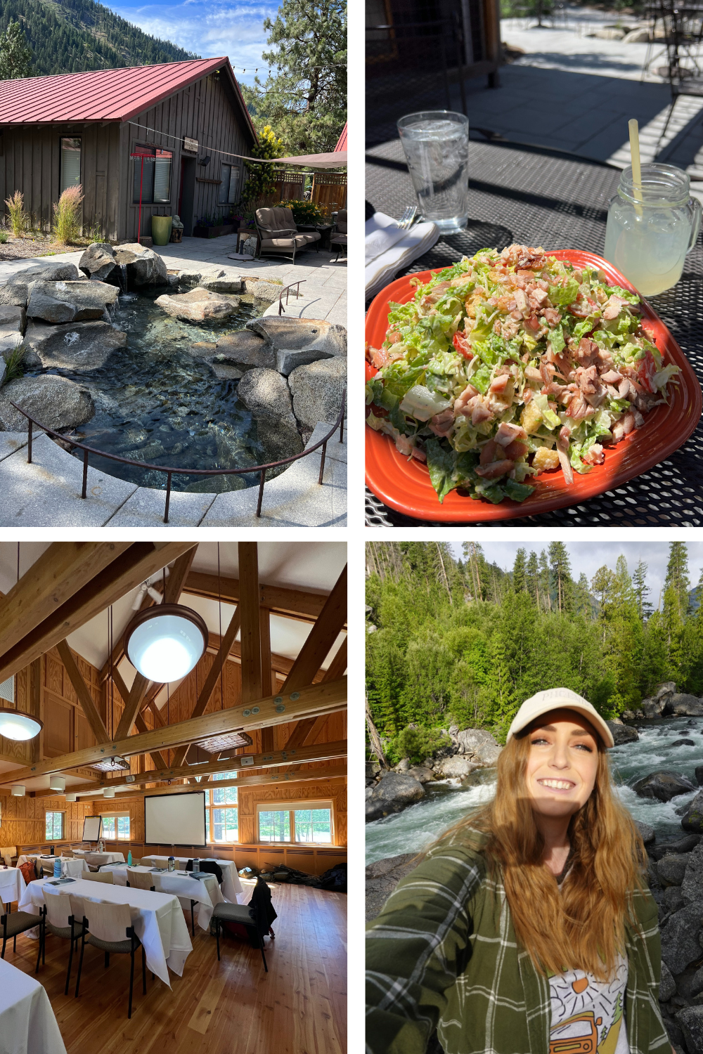 multiple photos of a girl in a cabin in the woods smiling