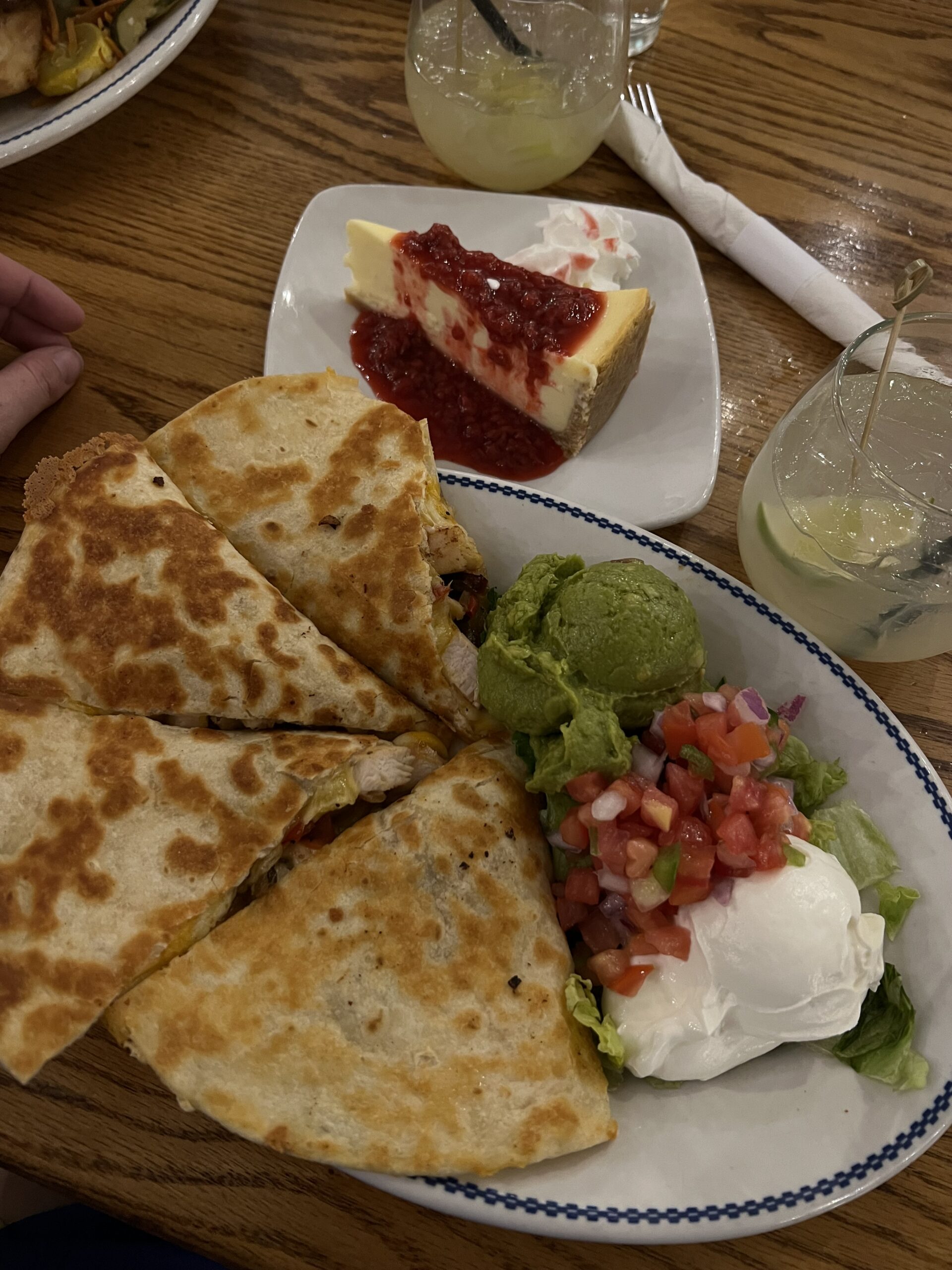 Cheesecake, a drink, and a quesadilla