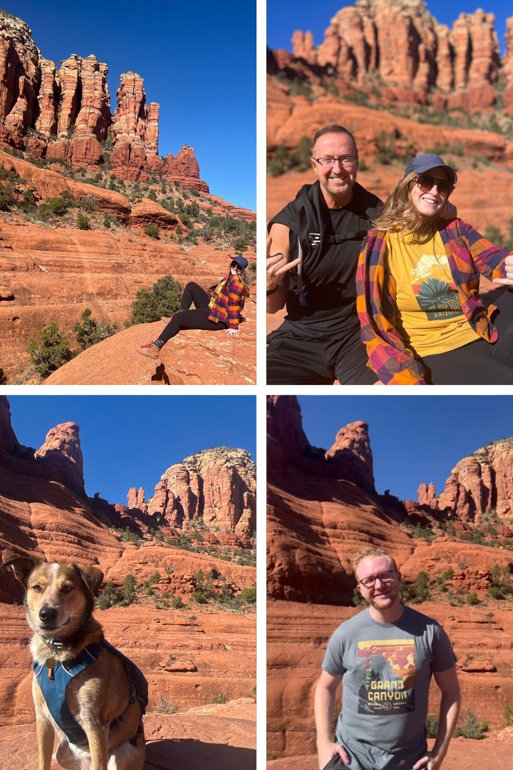 multiple photos of people in front of red rock