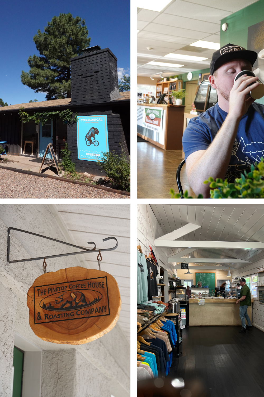 mutiple photos of coffee shops and a man enjoying coffee