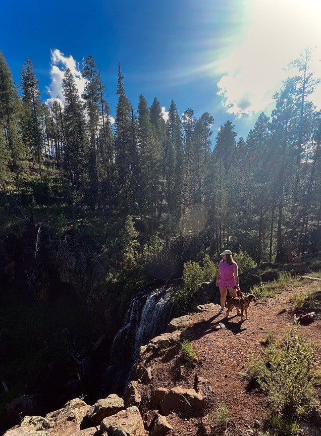 girl in pink with a dog near a ledge and a waterfall