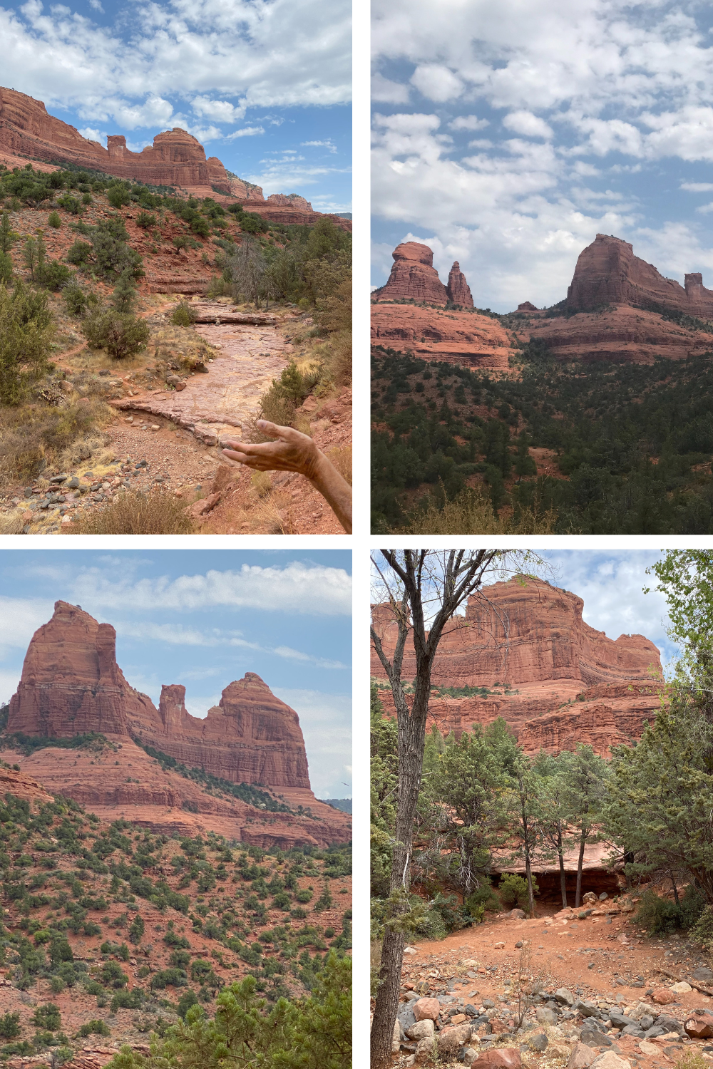 multiple photos of the red rock and a trail