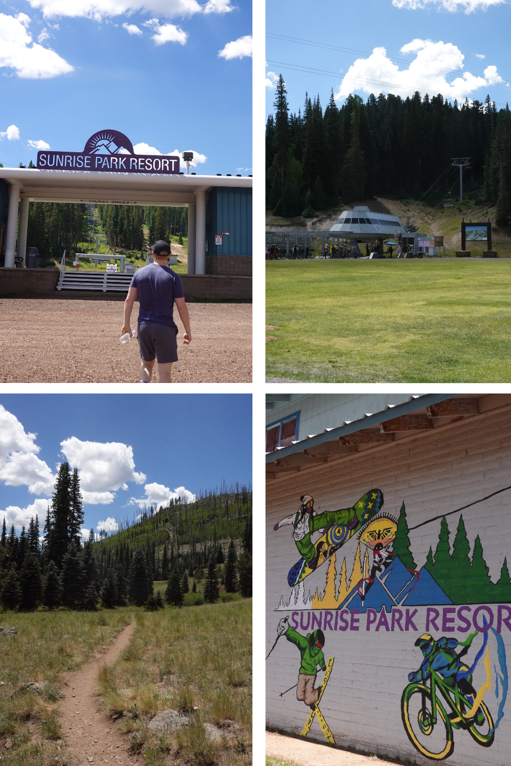 photo of a ski lift, a mural, the forest, and a sign saying sunrise ski resort