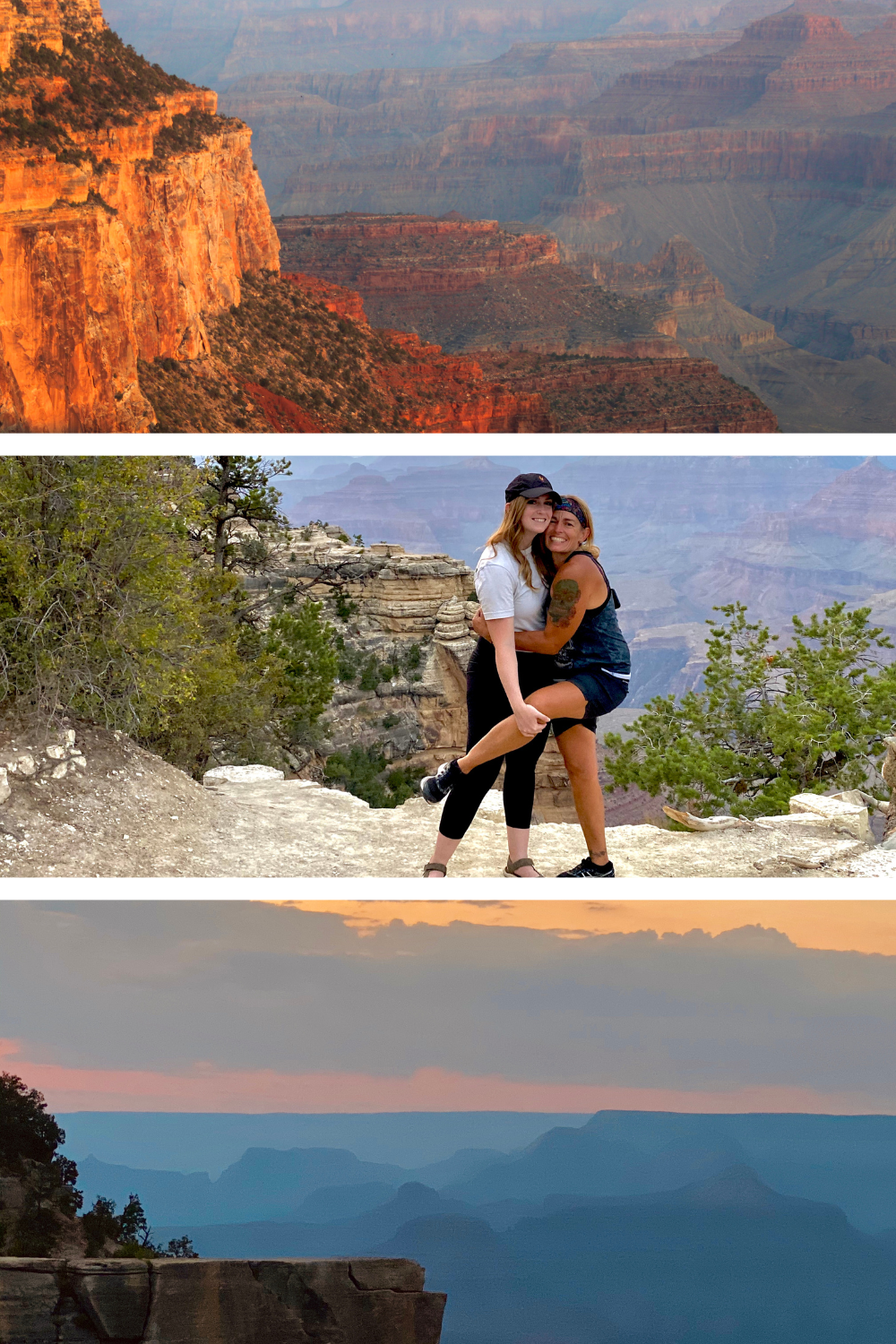 three photos of people on the edge of the grand canyon at sunset