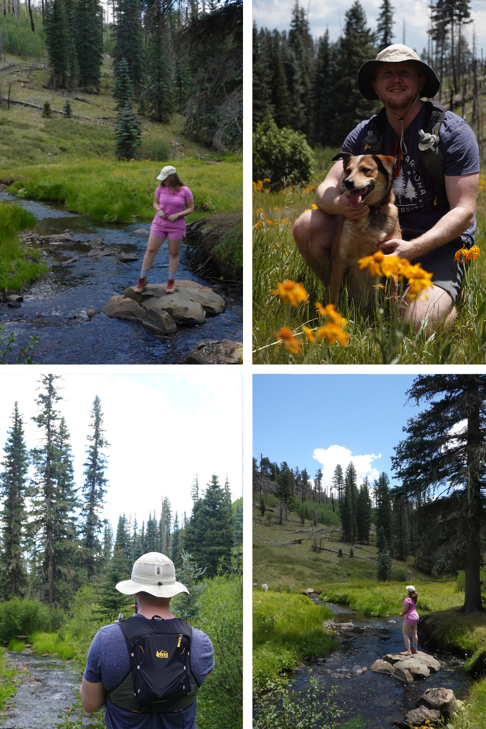 photos of a man and woman near a river with wildflowers