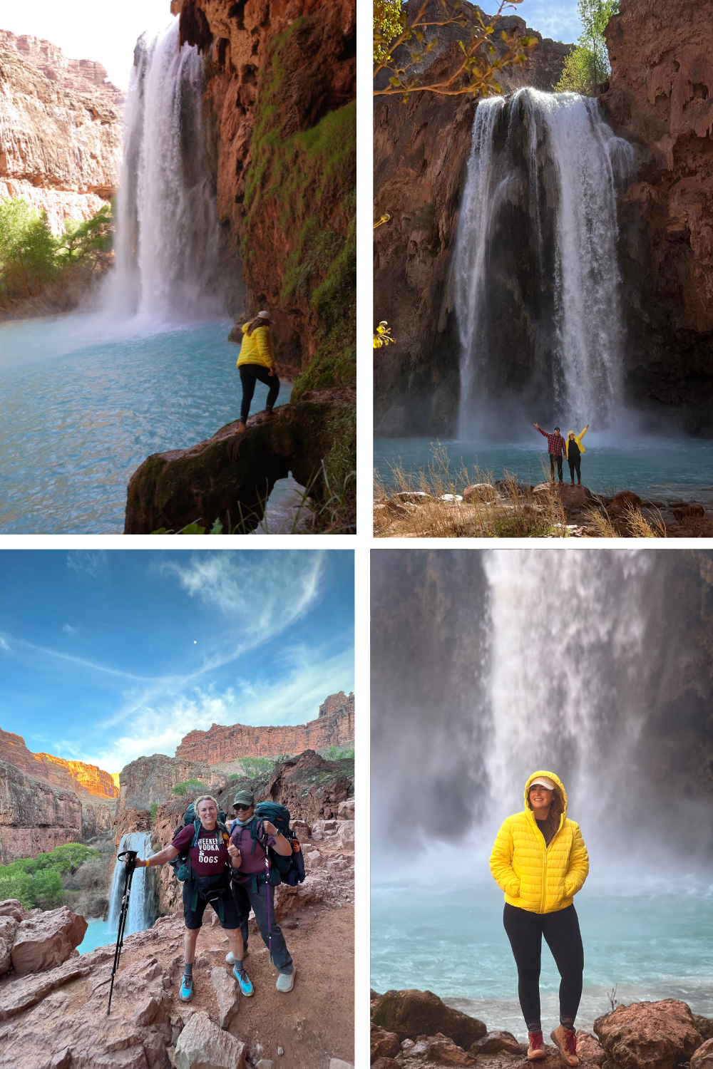 four photos of a large blue waterfall