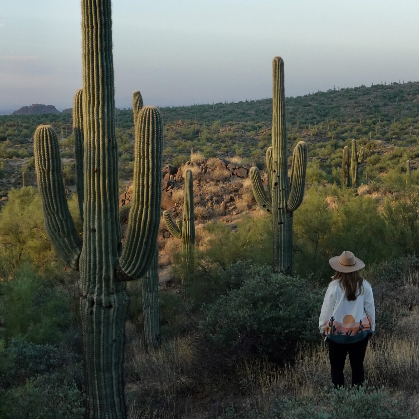 girl with a white jacket and hat by cactus