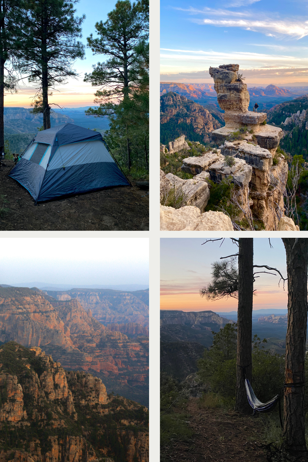 multiple photos of camping at sunset on a ridge