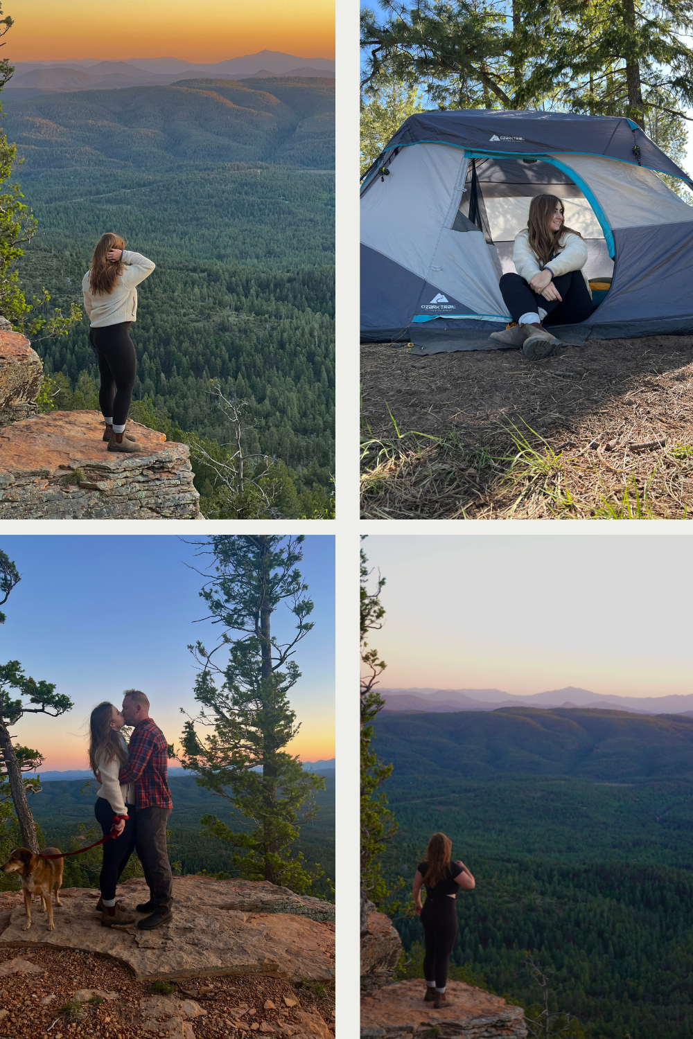 couple with a dog camping on the edge of a mountain cliff