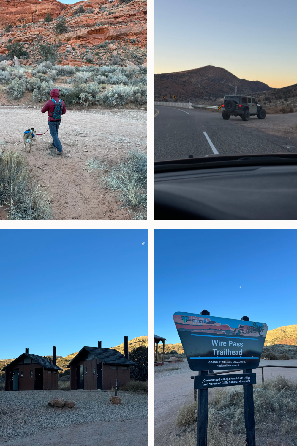 4 photos of a trailhead