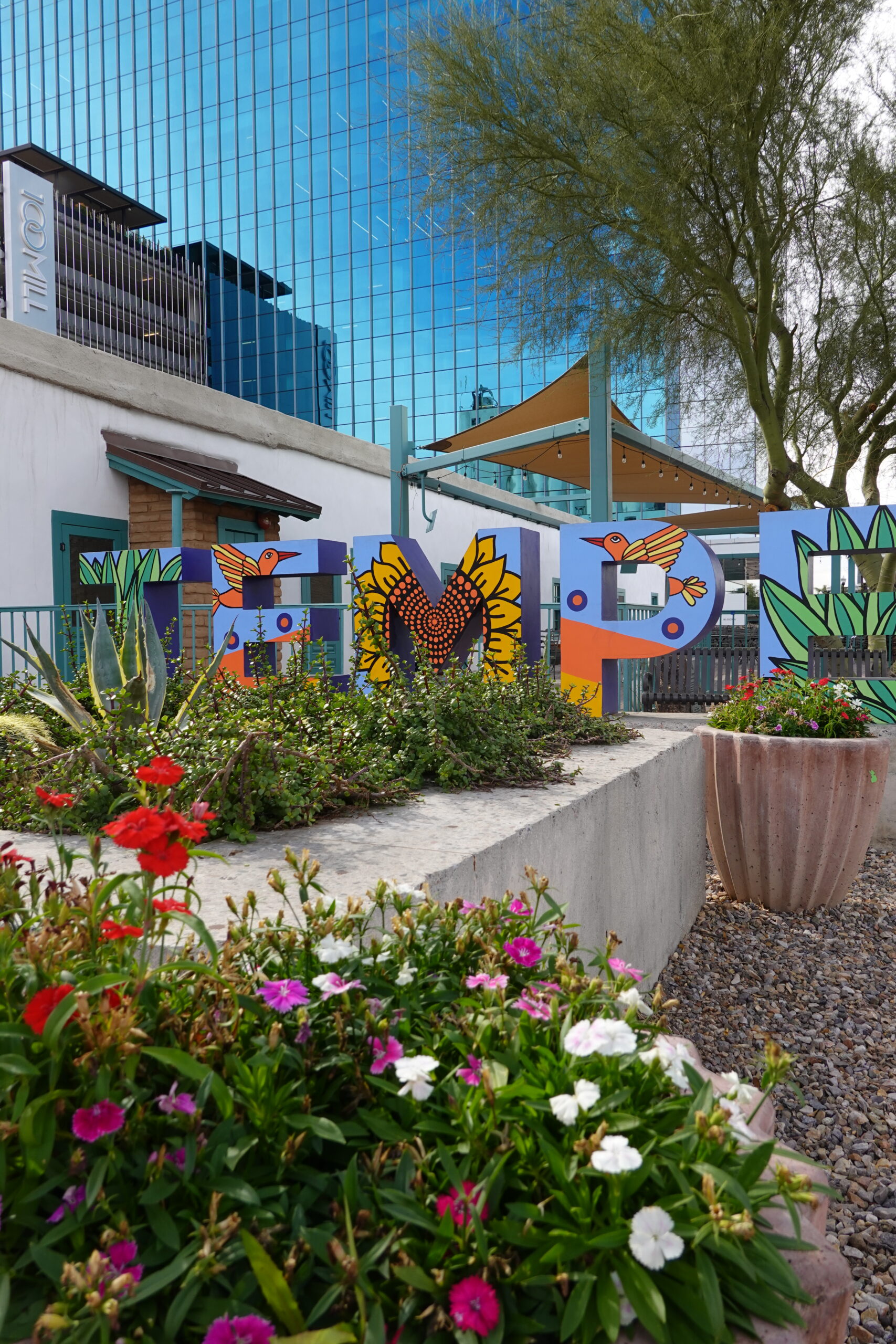 a colorful sign reading tempe surrounded by plants