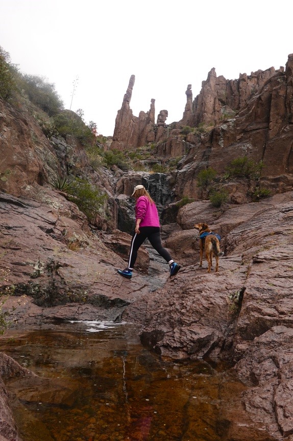 girl in pink hiking a waterfall trail