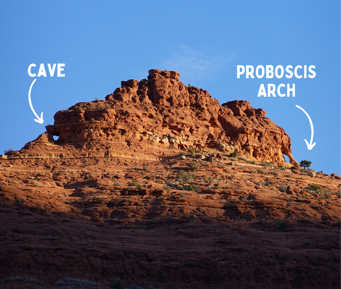 photo with text pointing to caves in sedona- schnebly hill windows