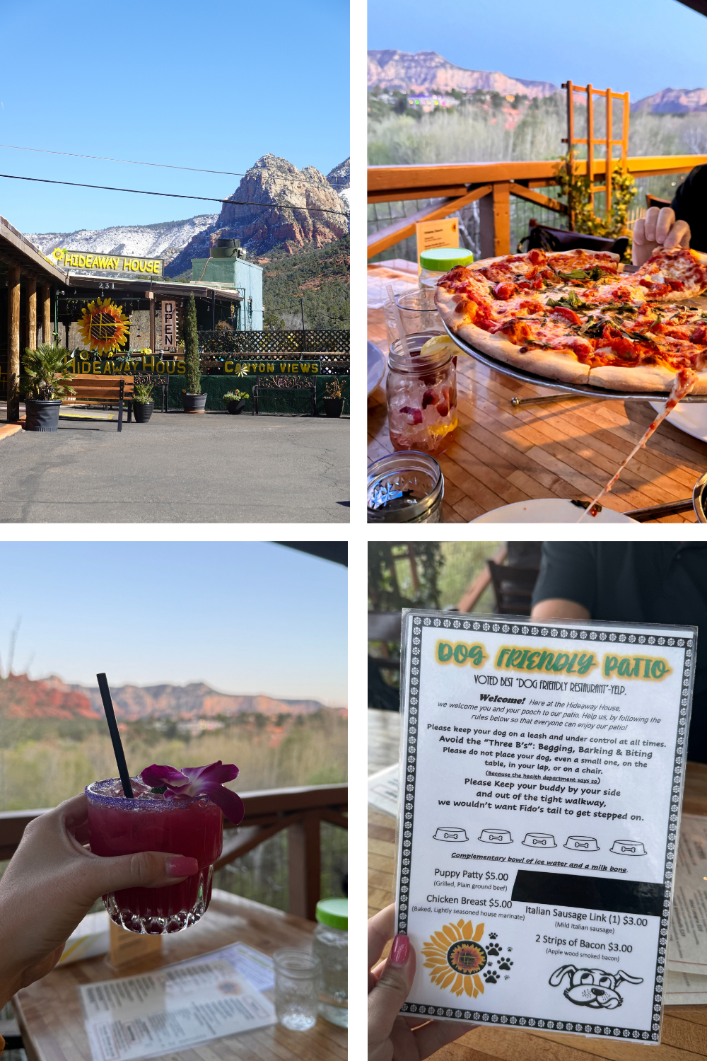 photos of a sedona restaurant with a patio over the mountains