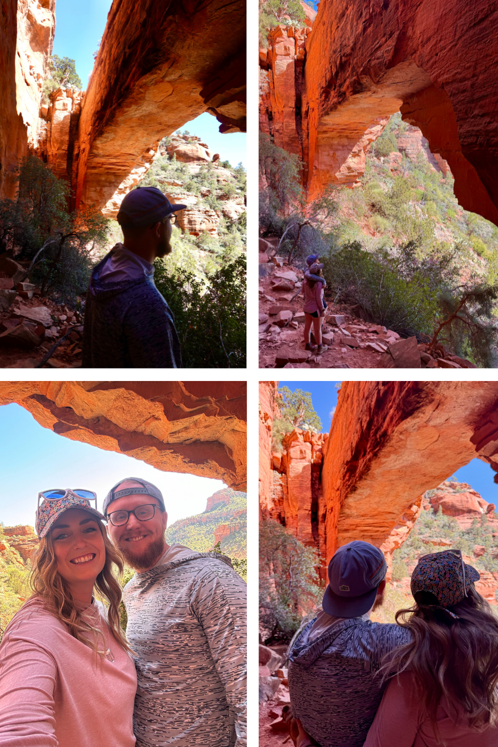 4 photos of a hike in sedona featuring an arch