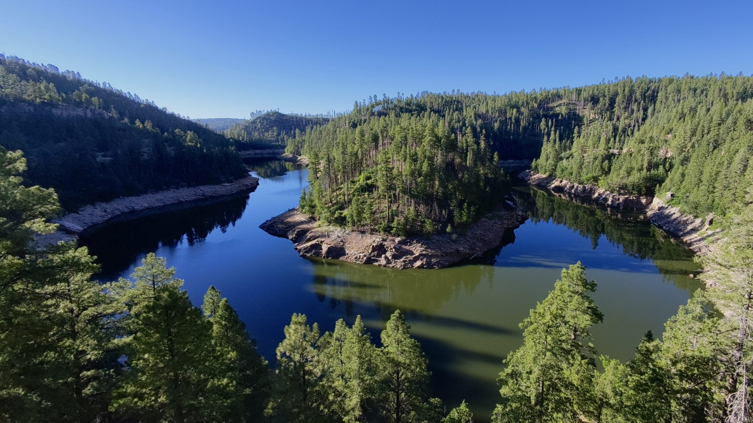 blue ridge reservoir horseshoe bend Aerial view of Blue Ridge Reservoir in Arizona surrounded by pine-covered cliffs and calm blue water on a sunny summer morning.