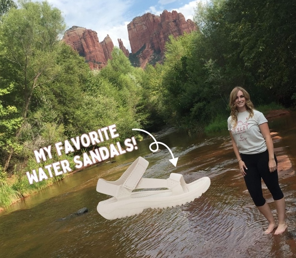 girl standing in water in sedona with a photo of sandals