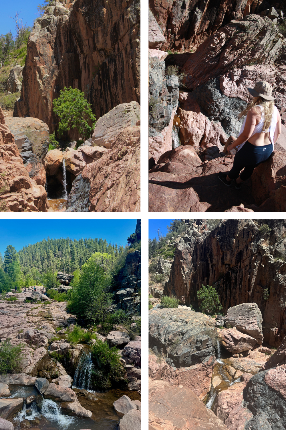 multiple photos of a waterfall in a canyon