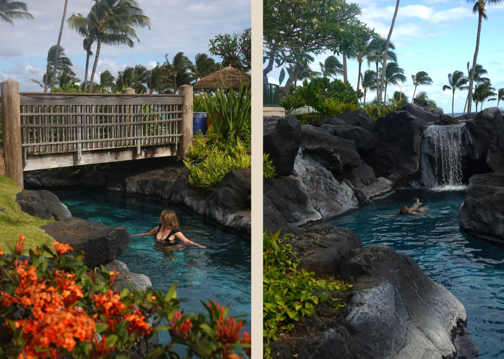 girl swimming at pools surrounding plants and palm trees