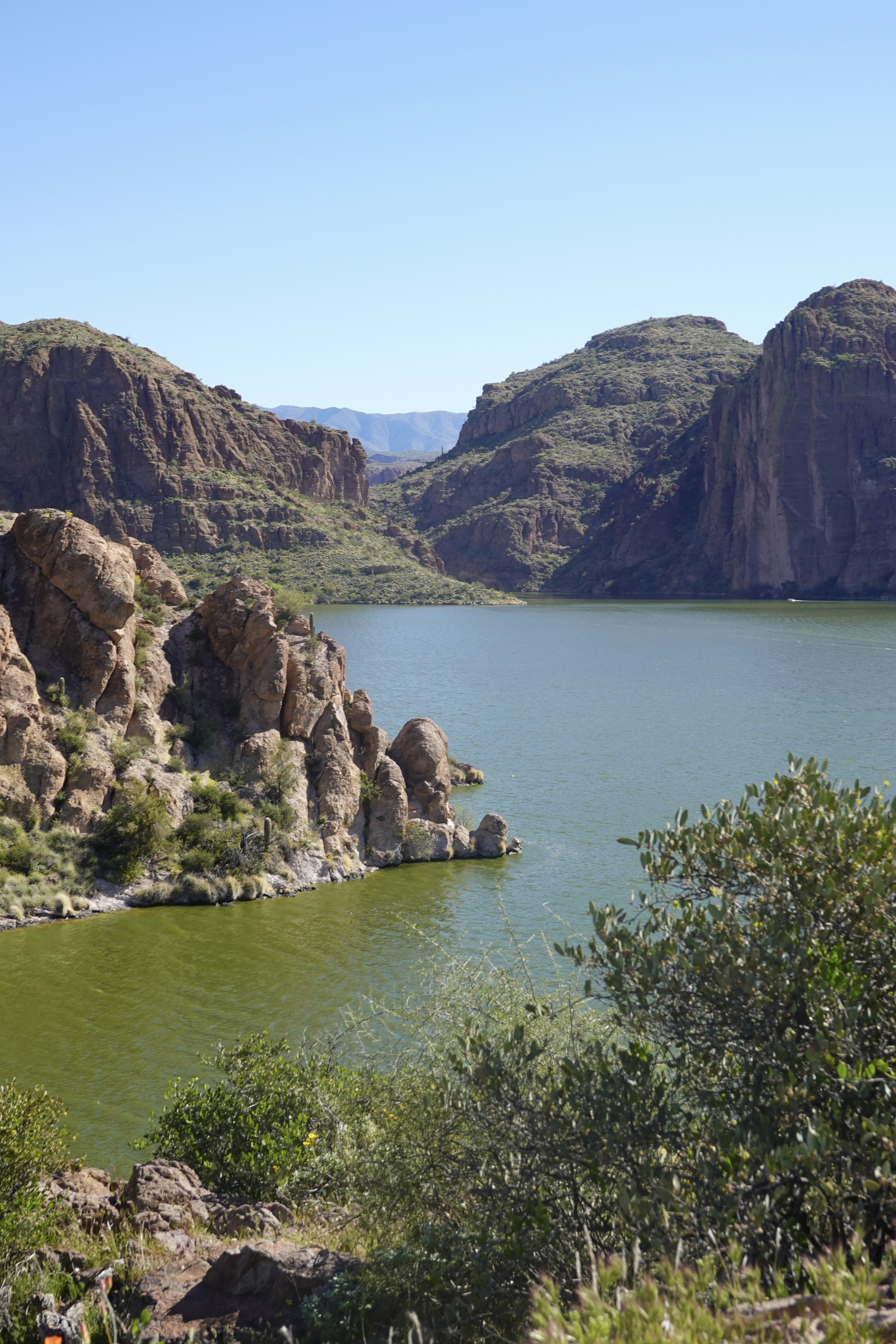 photo of a desert lake on a clear blue day