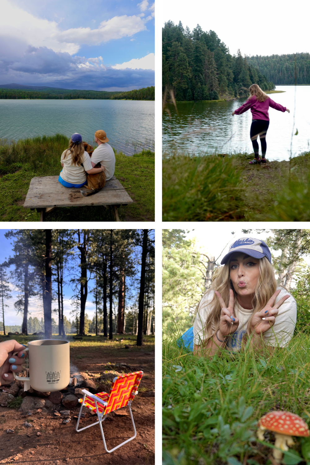 multiple photos of a group of people camping in the forest near a lake