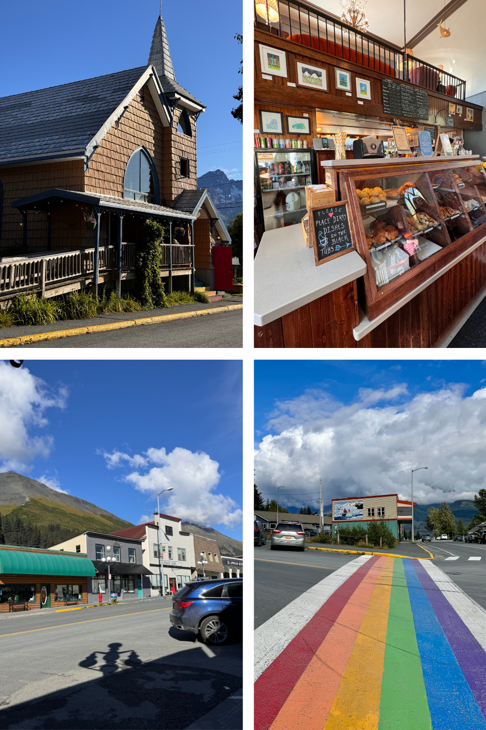 photos of a church looking coffee shop on a blue sky day