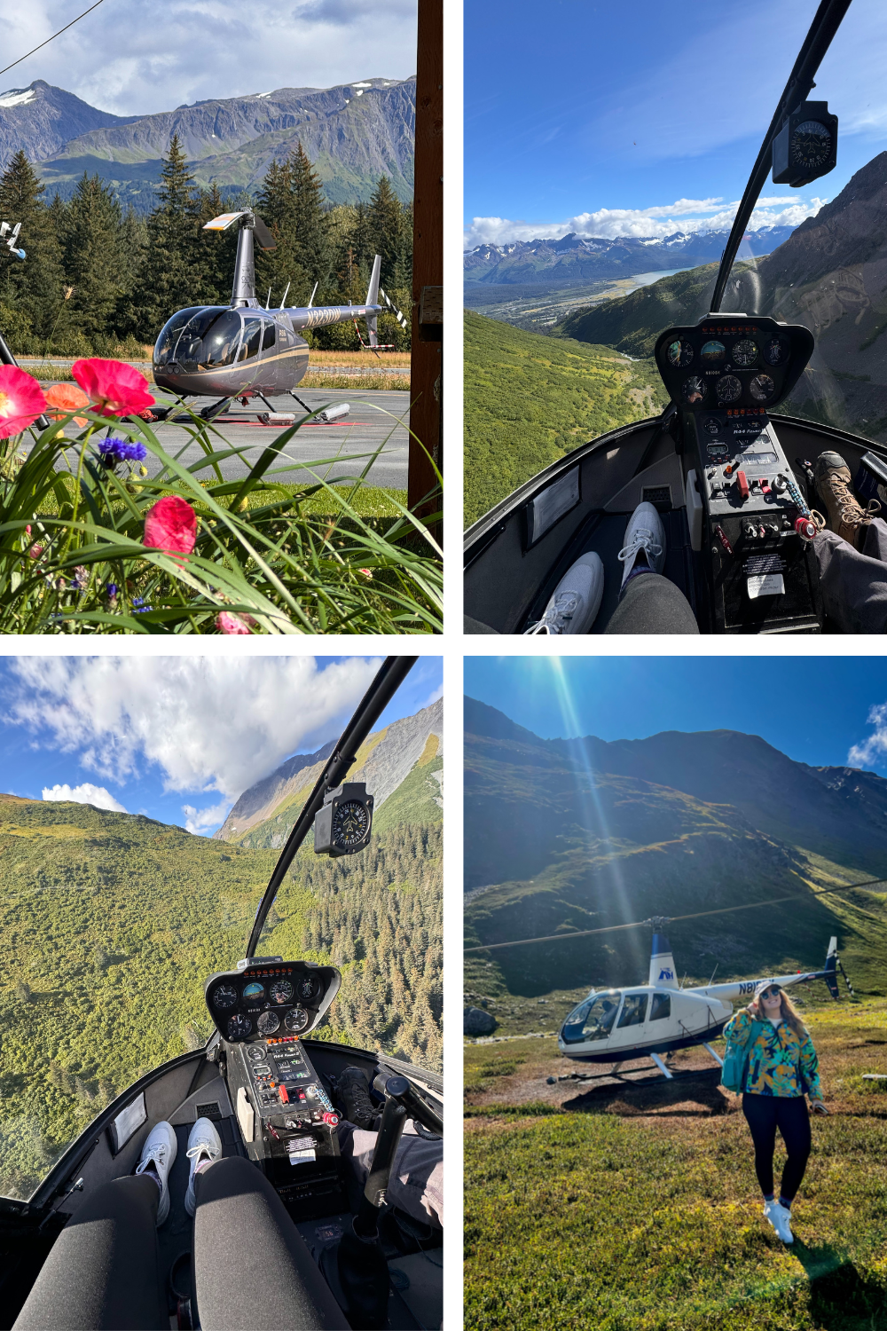 Four images showcasing a helicopter flying over majestic mountains, highlighting the stunning landscape and aerial perspective.