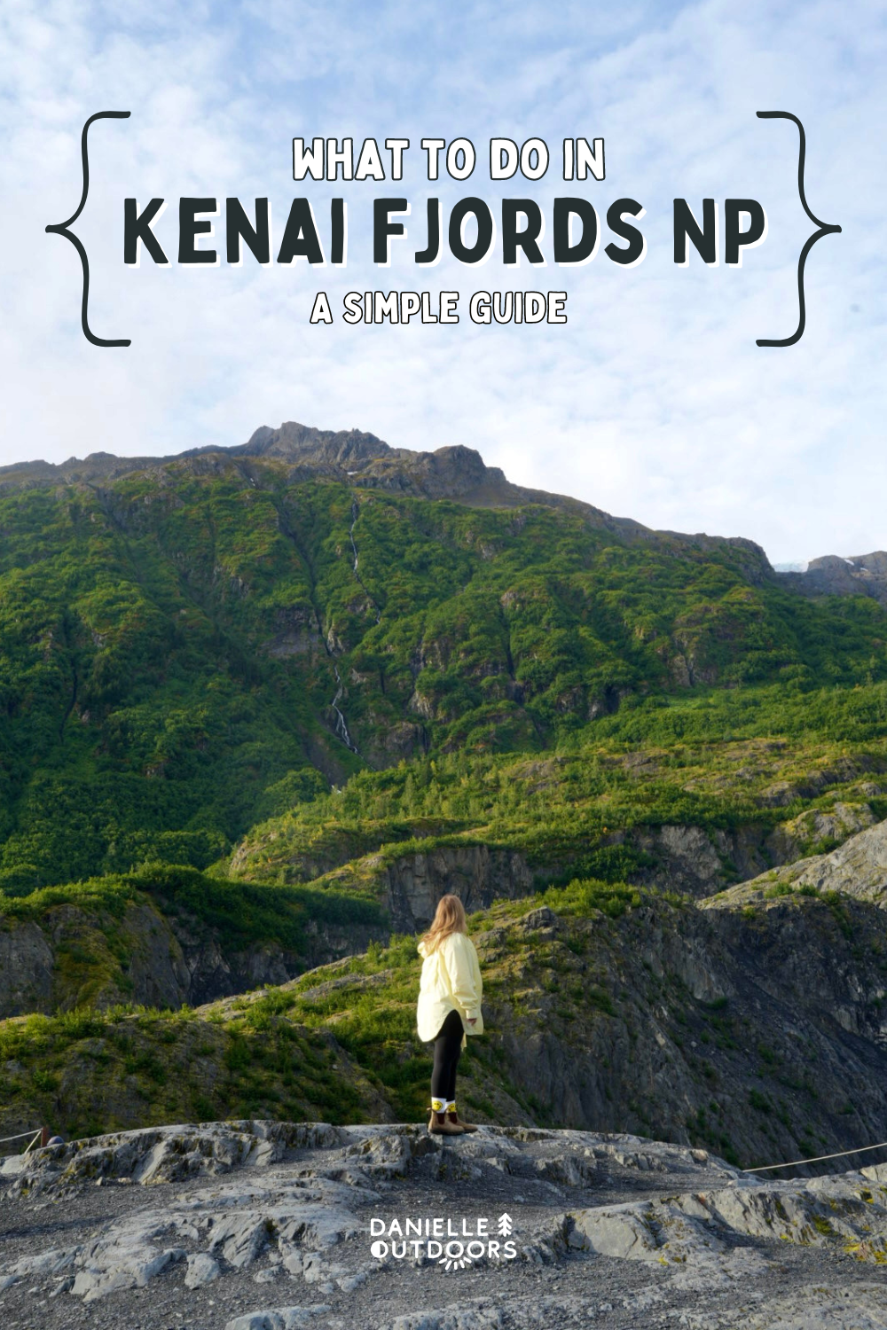 photo of a girl in a yellow coat in front of mountains with text overlay mentioning kenai fjords national park