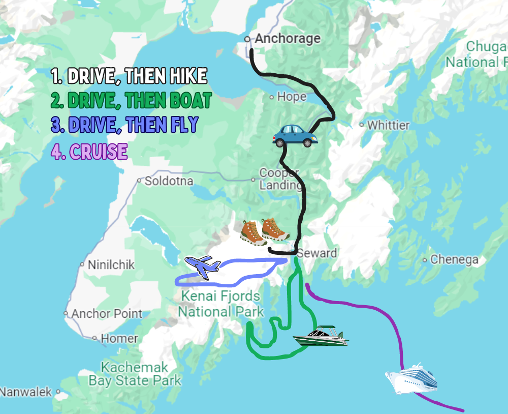 map with graphics of how to explore kenai fjords national park