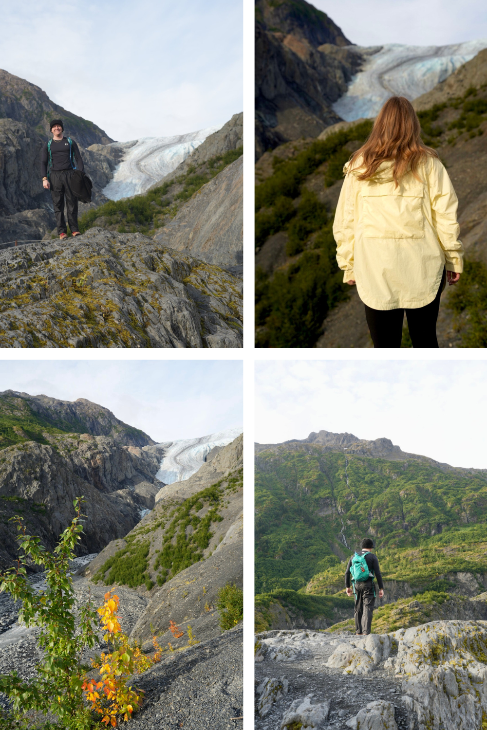 multiple photos of people overlooking a glacier in alaska