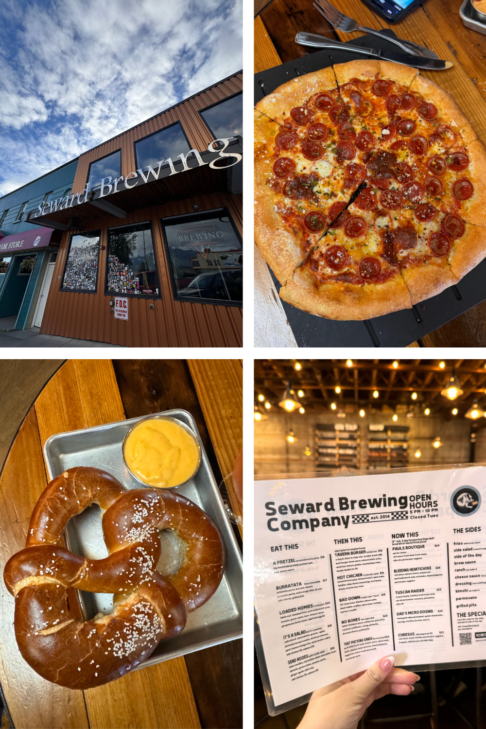 photos of food like pizza and a pretzel at a brewery