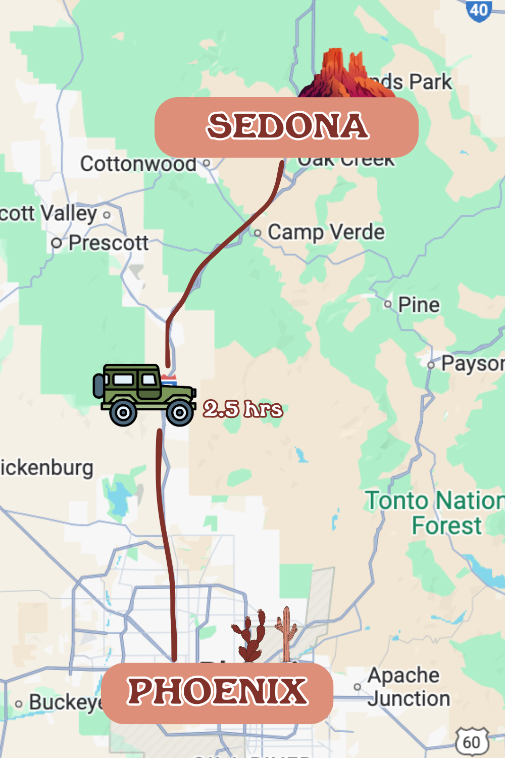 google map with overlay showing directions to sedona from phoenix