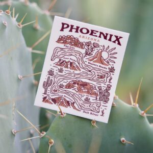 photo of a sticker that says phoenix arizona with graphics, surrounded by cactus