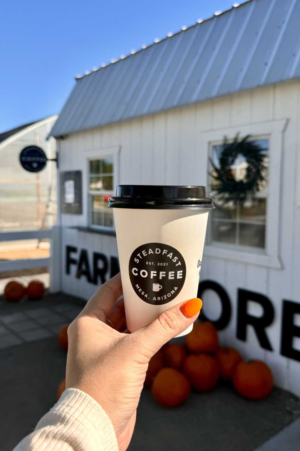 photo of a girl holding up a coffee cup saying steadfast coffee