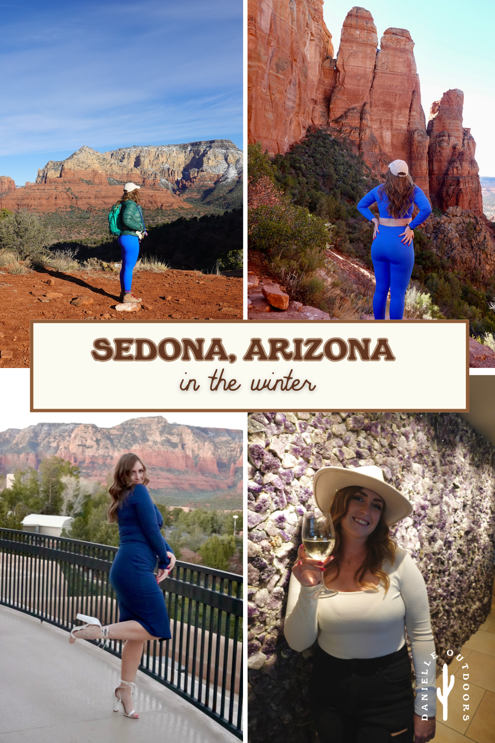 multiple photos of a girl in sedona in the winter time