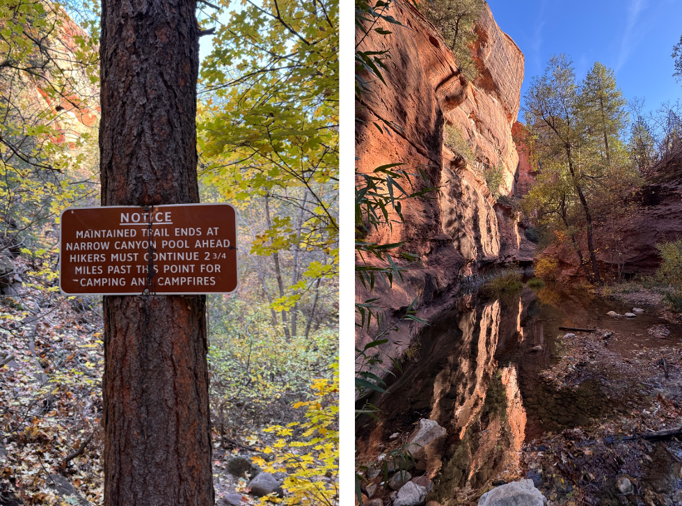 Left: A brown trail sign on a tree amidst yellow autumn leaves warns hikers of trail end and camping restrictions. Right: Serene canyon with red rock wall reflecting in a calm pool under a blue sky.