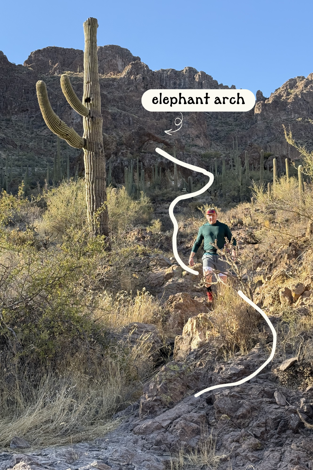 photo with drawing over it and text pointing to elephant arch in arizona