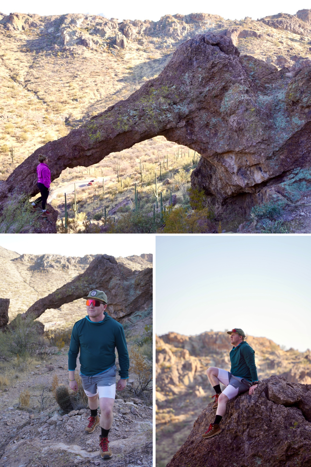 A collage of four images featuring a man and woman hiking together in a vast desert landscape.