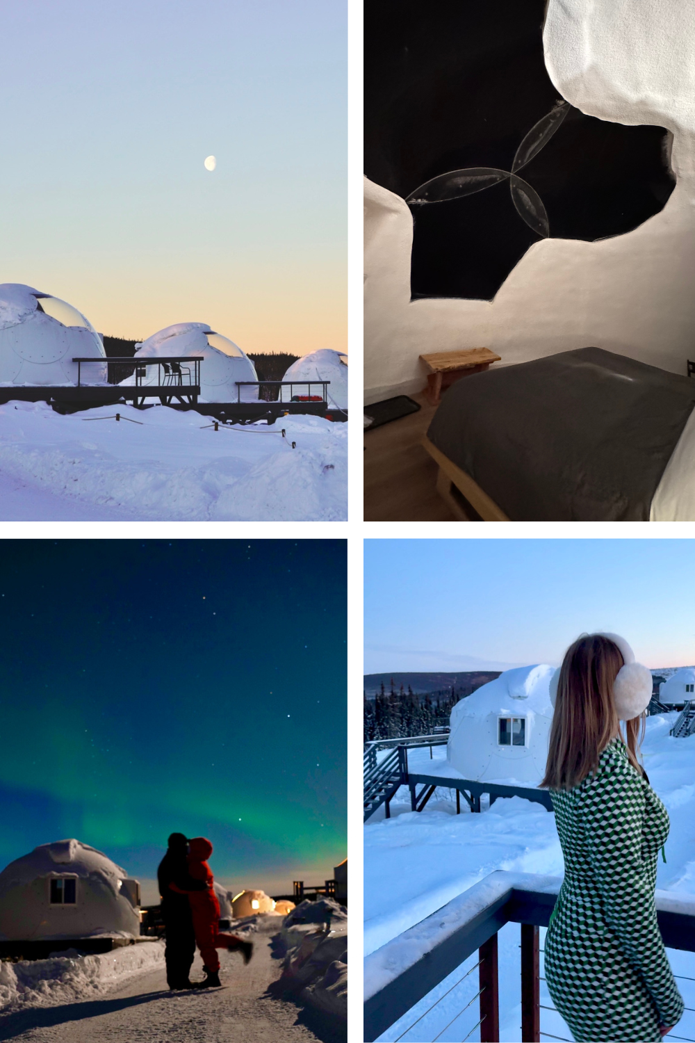 Collage of Arctic domes, an interior room, aurora borealis, and a person viewing snowy landscape.