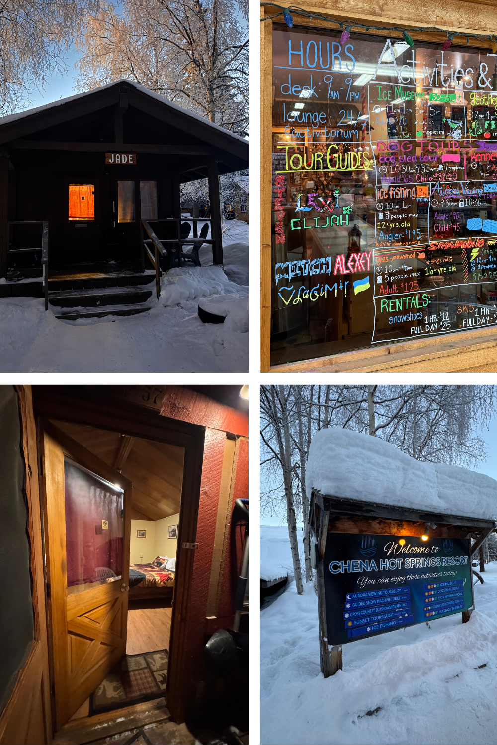 A collage shows a snowy cabin, a sign with colorful activity information, a view into a cozy room, and a welcome sign for Chena Hot Springs Resort.